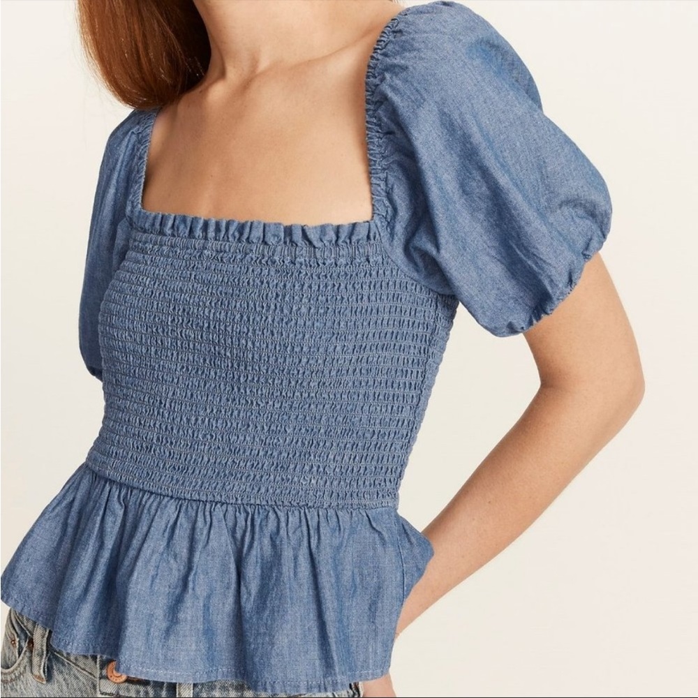 J. Crew Squareneck Smocked Chambray Peplum Top Size Small NEW NWT